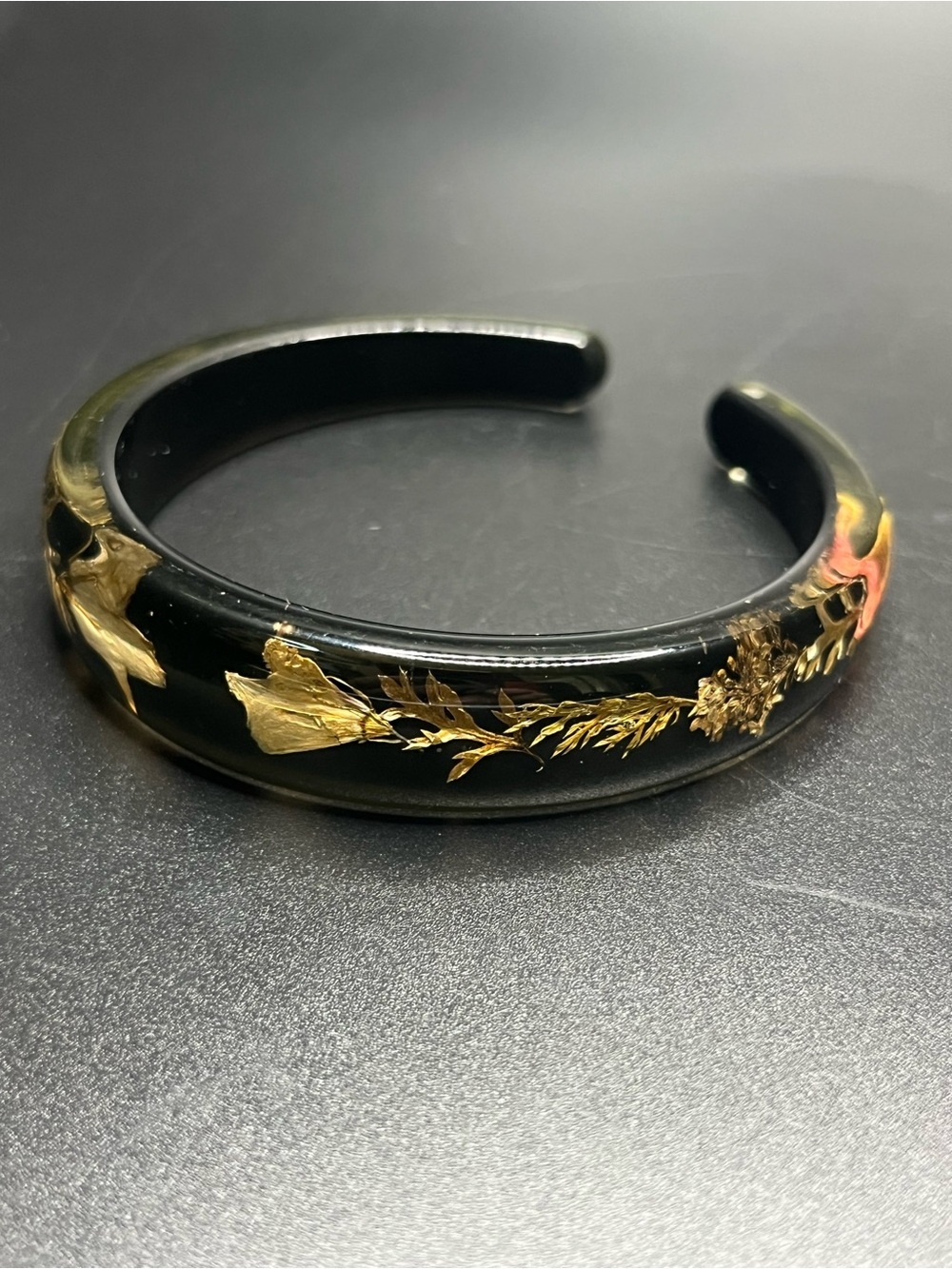 Black Resin Botanical Cuff Bracelet Pressed Flowers Leaves Embedded Handmade